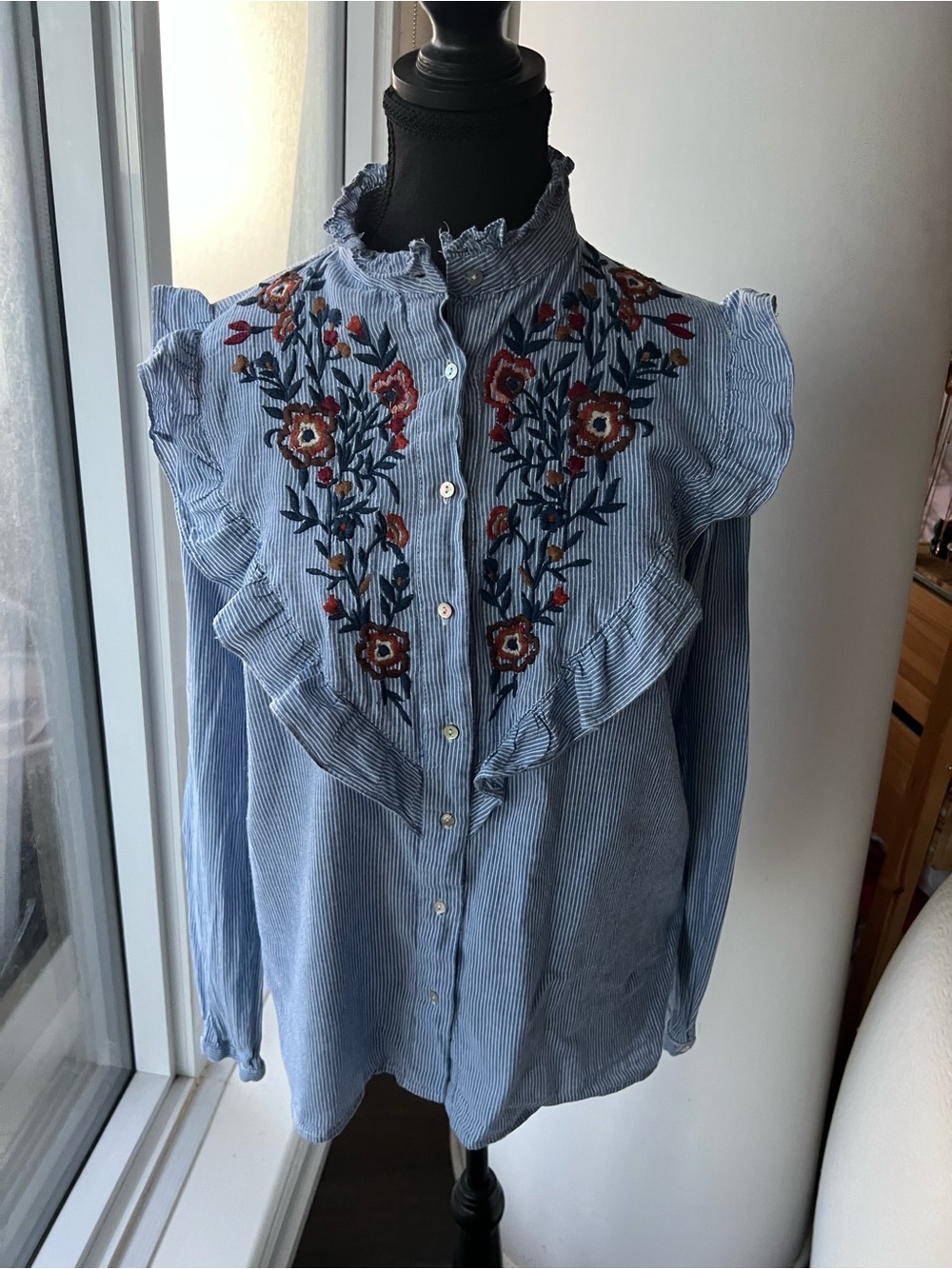 Super Cute Blue Striped Ruffle Floral Embroidered Button-Down Shirt